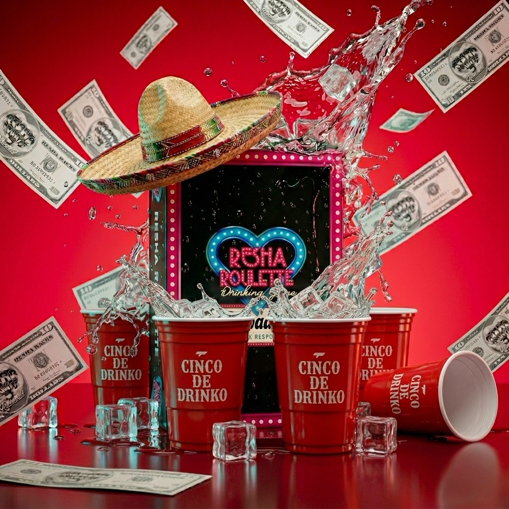 Cinco de Mayo party setup with red cups, floating bills, and Resha Roulette game box.